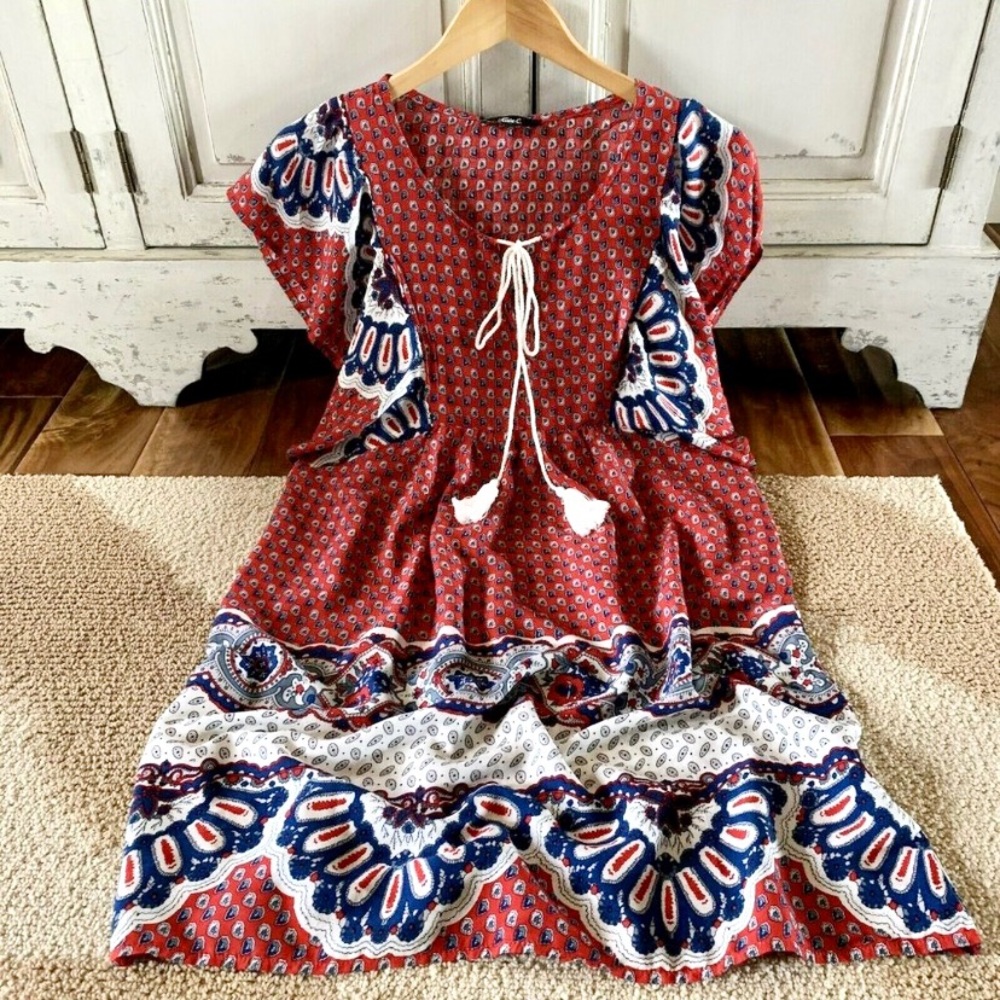Red Tassel Boho Shift Dress-Size S